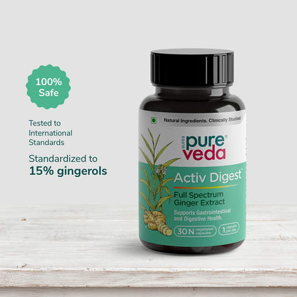 Pureveda Activ Digest - Full Spectrum Ginger Extract Capsule - Natural Digestion Supplement - Improve Gastrointestinal Health - 30 Veg Capsules