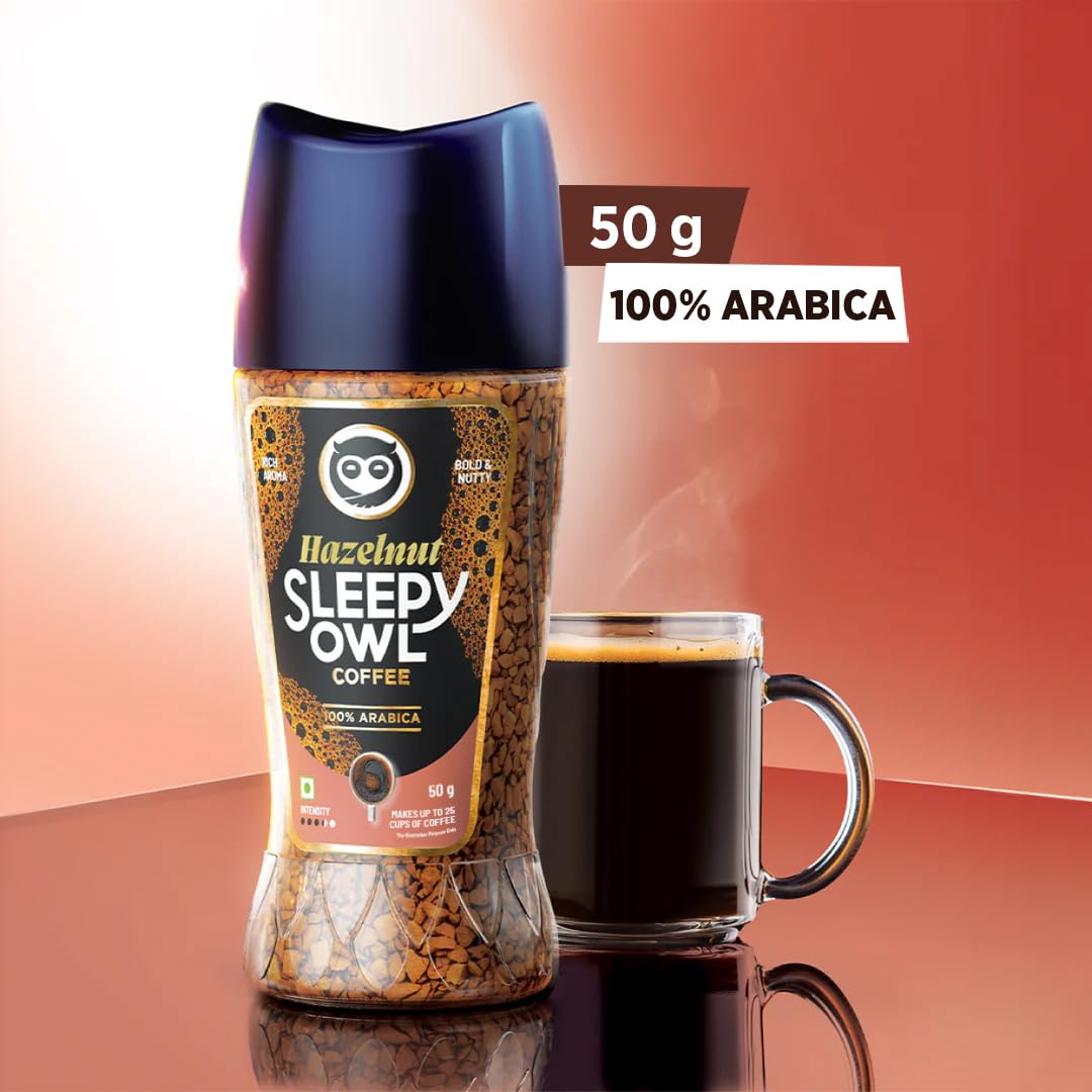 Sleepy Owl Hazelnut Premium Instant Coffee Powder | 100% Arabica Freeze Dried Coffee - 50g | Make Cafe Style Hot or Cold Coffee, Black Coffee, Cappuccino, Latte at Home | Makes 25 Cups