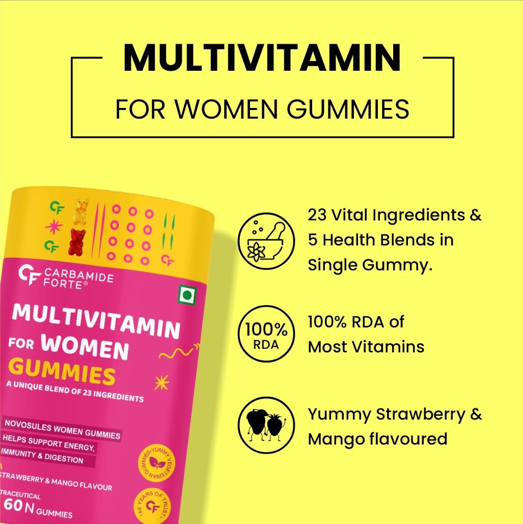 Carbamide Forte Multivitamin Gummies for Women | Multivitamin for Women’s Hair, Skin & Nails, with Biotin & Antioxidants for Immunity & Probiotics for Digestion | 23 Ingredients - 60 Veg Gummies