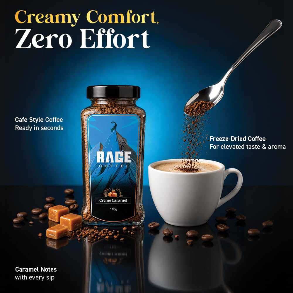 RAGE COFFEE Creme Caramel - Flavored Instant Coffee Powder for both Hot & Cold Coffee, 100% Single Origin Arabica Coffee Beans Powder, Premium Coffee Infused with Plant Vitamins (CREME CARAMEL, 100g)