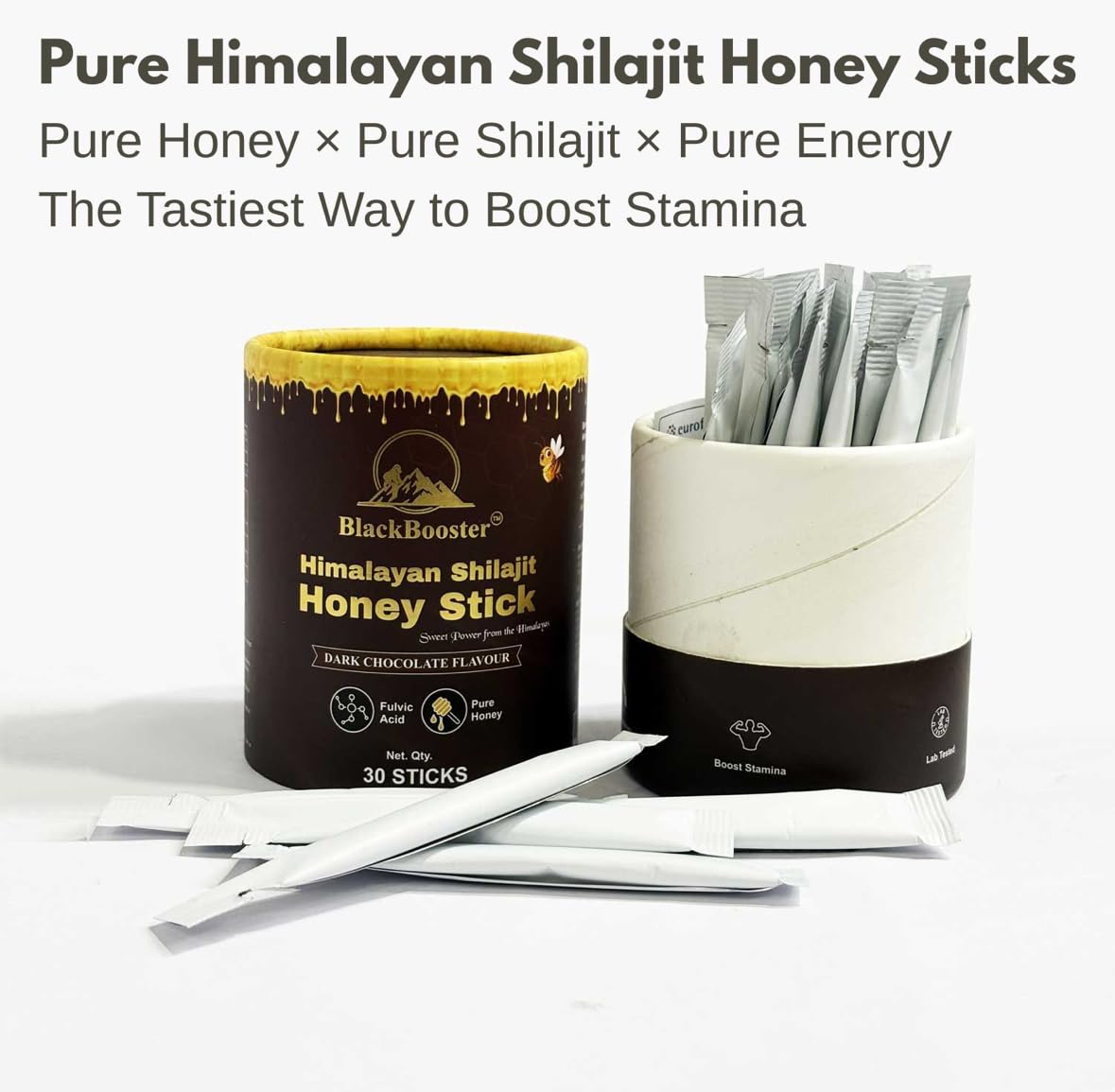 BlackBooster Pure Himalayan Shilajit Sticks with Fulvic Acid 75%, 85+ Trace Minerals | Dark Chocolate Flavour | 30 Sticks | Improves Energy Boosts Stamina | Lab-Certifie For Men & Women