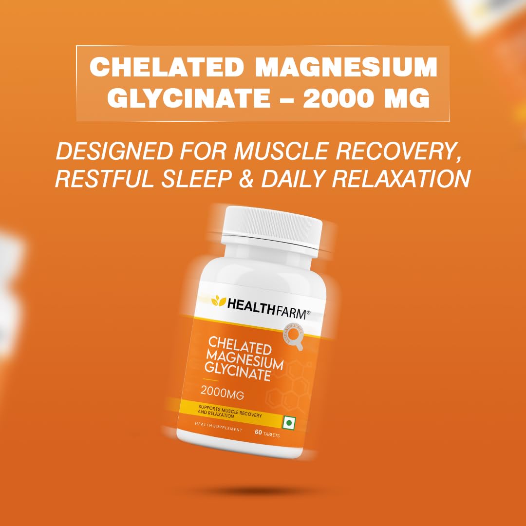 Healthfarm Chelated Magnesium Glycinate 2000mg Tablets | High Absorption Formula | Muscle Recovery Support | 60 Tabs