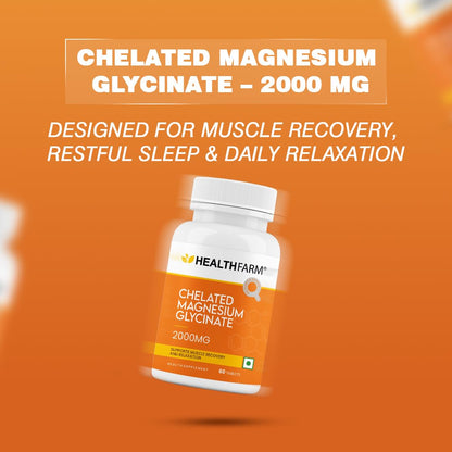 Healthfarm Chelated Magnesium Glycinate 2000mg Tablets | High Absorption Formula | Muscle Recovery Support | 60 Tabs