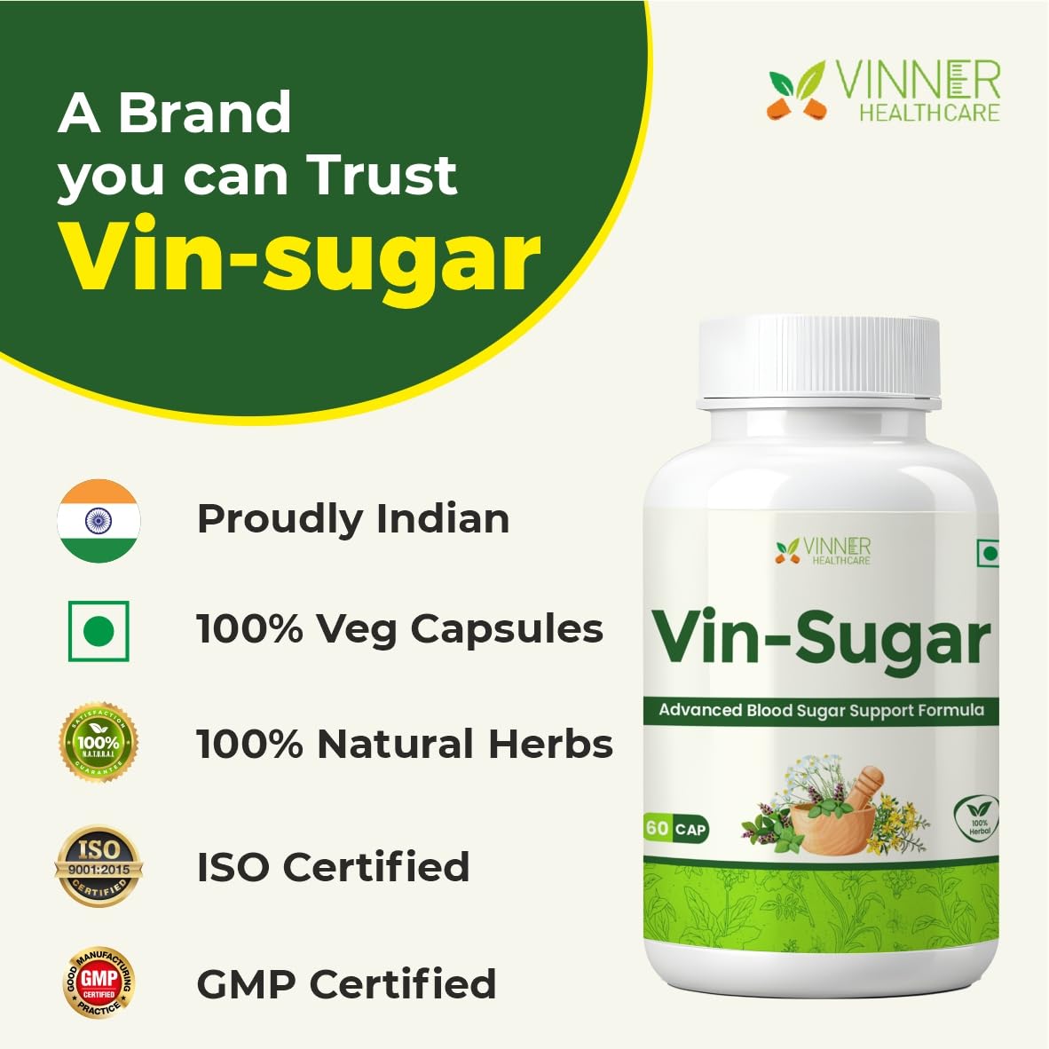 Vinner Healthcare Vin-Sugar Advanced Blood Sugar Support Formula, 60 Capsules, Ayurvedic Herbal Supplement (For both Men and Women)