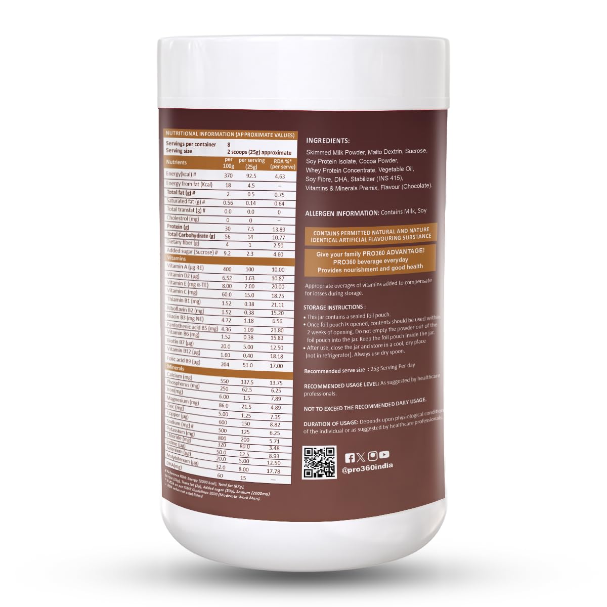 Pro360 Classic Daily Wellness Nutritional Protein Supplement Powder for Men and Women - Instant Beverage Mix - 200+200g (Chocolate) Pack of 2