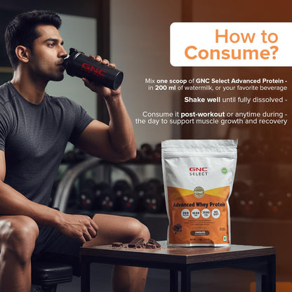 GNC Select Advanced Whey Protein | 24g Protein & 10.5g EAAs | Isolate & Concentrate Blend | Zero Added Sugar | No Soy | Supports Muscle Growth, Recovery & Strength | Enhanced with DigeZyme® for Better Digestion & Easy Absorption | Chocolate, 1 kg