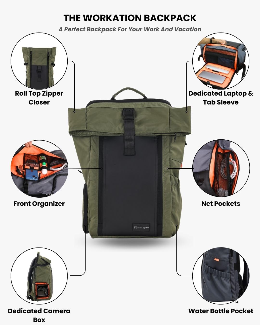 CarryPro HOBO25 V3.0 Roll-Top Zipper Laptop and Camera Travel Backpack (25-30L), Removable Camera Box, Water-Resistant + Raincover, 2-Yr Warranty – For Work, College & Travel (Olive Green)
