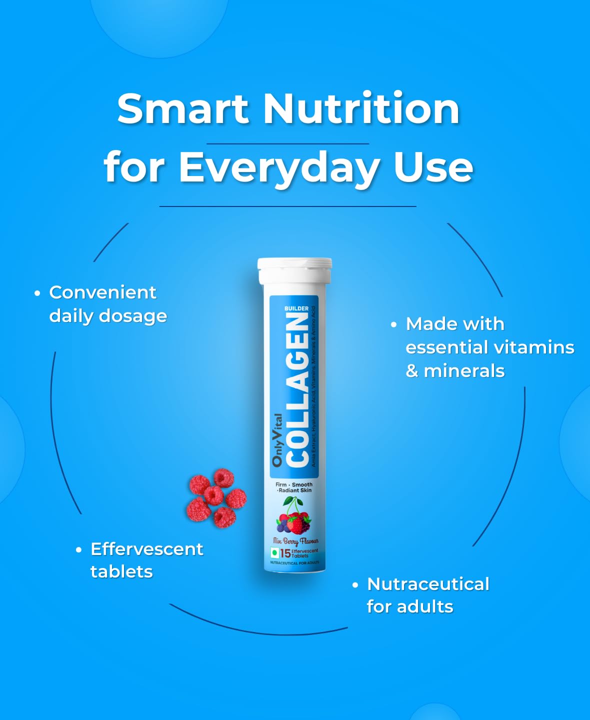 OnlyVital Collagen Builder Effervescent Tablets with Amla Extract, Hyaluronic Acid, Vitamins, Minerals & Amino Acids | Firm, Smooth & Radiant Skin Support | Mixed Berry Flavour | 3o Tablets