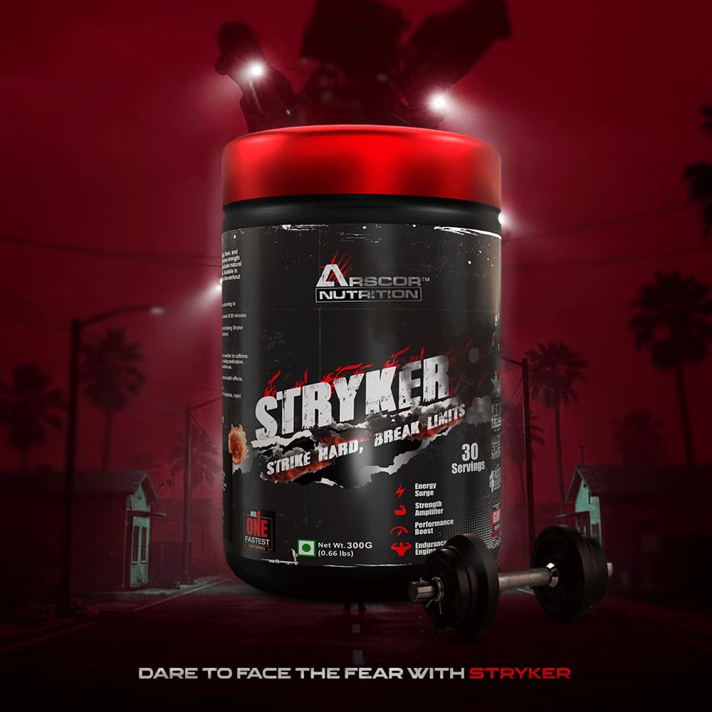 Arscor Stryker Pre-Workout | High-Stim Preworkout Supplement 200mg Caffeine, 3000mg Beta-Alanine & 3000mg L-Citrulline, 1000mg Creatine HCL | High Energy, Pump & Endurance (300g, Rocket Pop)