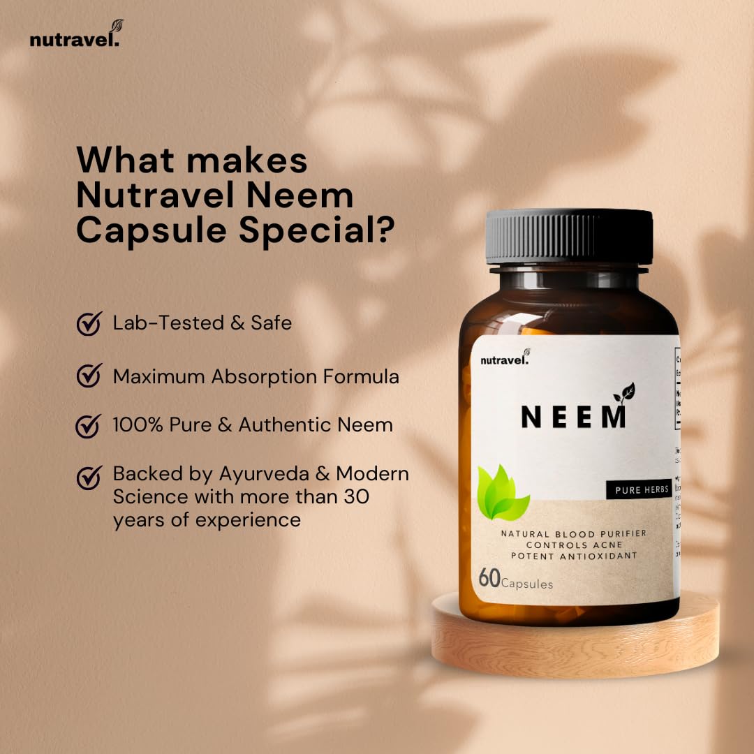 Nutravel Healthcare | Neem Capsules, 500 mg, Natural Blood Purifier, Controls Acne, Potent Antioxidant Pack of 60