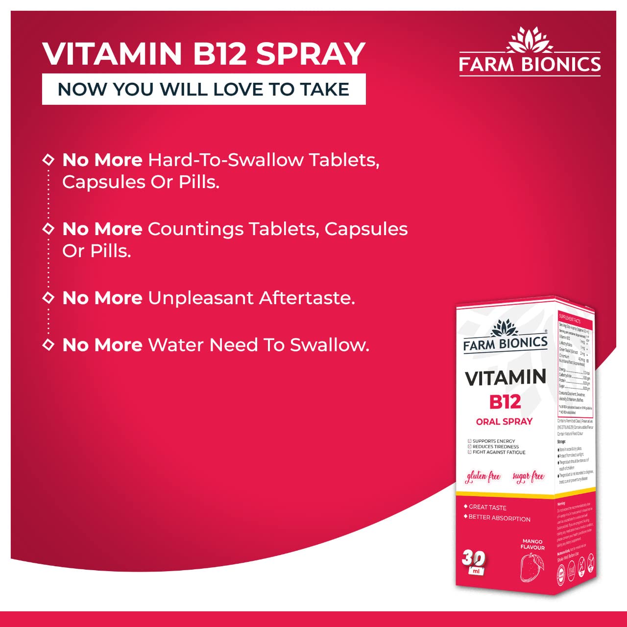 FARM BIONICS Vitamin B12 Oral Spray, 30Ml | 100% Vegetarian | Sugar Free | Gluten Free | Immunity Booster Spray For Men & Women | Pocket Friendly (Mango), Drop, Pack Of 1