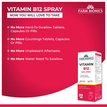 FARM BIONICS Vitamin B12 Oral Spray, 30Ml | 100% Vegetarian | Sugar Free | Gluten Free | Immunity Booster Spray For Men & Women | Pocket Friendly (Mango), Drop, Pack Of 1