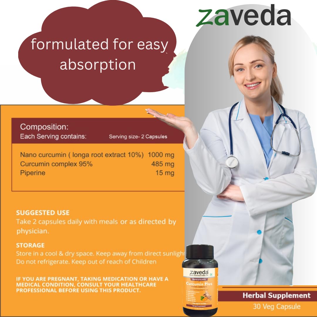 Zaveda Nano Curcumin Plus 1500mg| High absorption Pure Nano Curcumin with Biopiperine | Ayurvedic | Antioxidant & Anti-inflammatory - Skin, Heart, Joint Support |Veg Caps 30