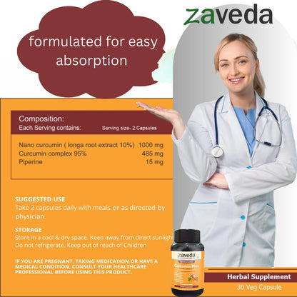 Zaveda Nano Curcumin Plus 1500mg| High absorption Pure Nano Curcumin with Biopiperine | Ayurvedic | Antioxidant & Anti-inflammatory - Skin, Heart, Joint Support |Veg Caps 30
