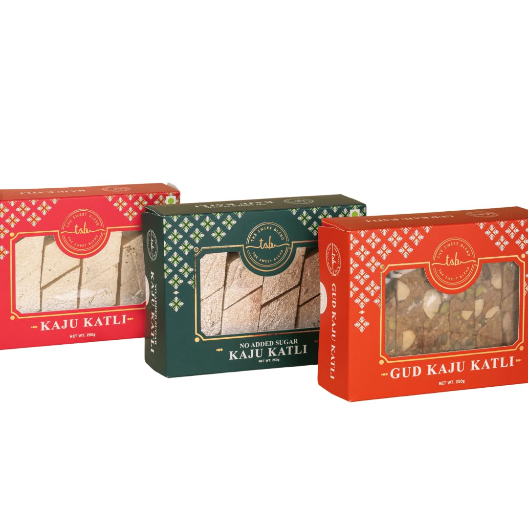 THE SWEET BLEND Katli Trilogy Classic, Gud & Sugar‑Free Kaju Katli | Gift Box | Authentic No‑Added‑Sugar | Indian Mithai Hamper | Ideal for Raksha Bandhan | Pack of 3