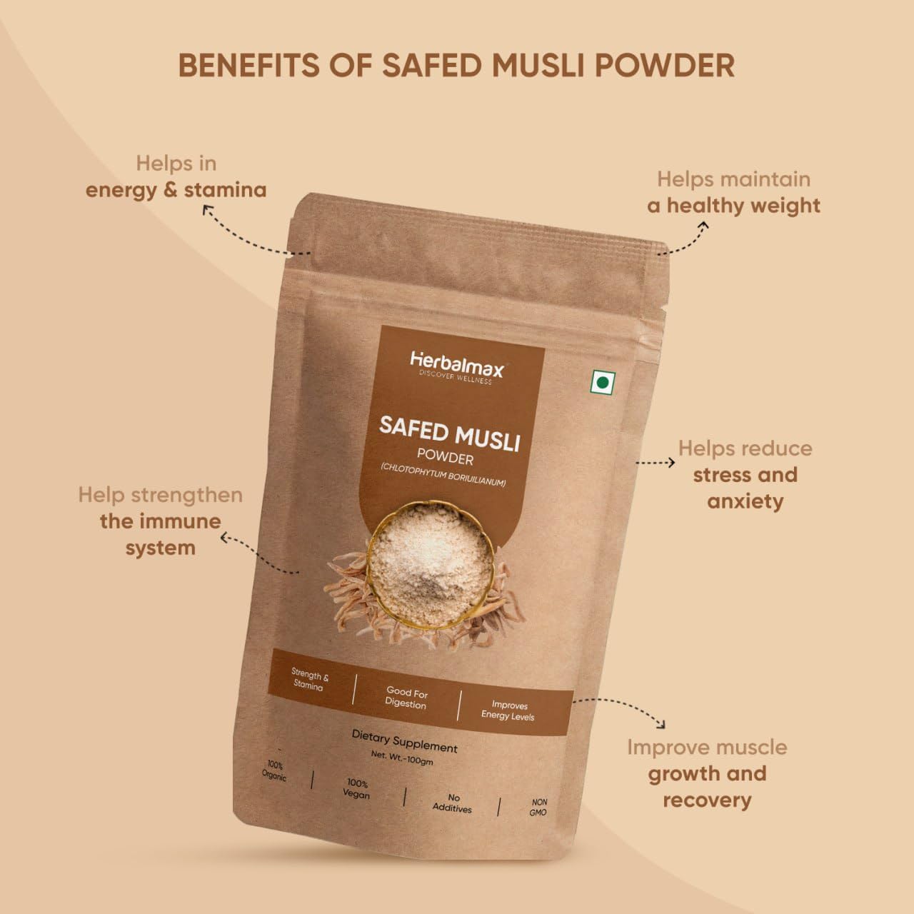 Herbal max Organic Safed Musli Root Powder | Ayurvedic Support for Vitality & Performance | Herbal Supplement | Strength & Stamina - 100 gm (Pack Of 2)