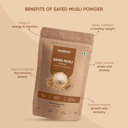 Herbal max Organic Safed Musli Root Powder | Ayurvedic Support for Vitality & Performance | Herbal Supplement | Strength & Stamina - 100 gm (Pack Of 2)