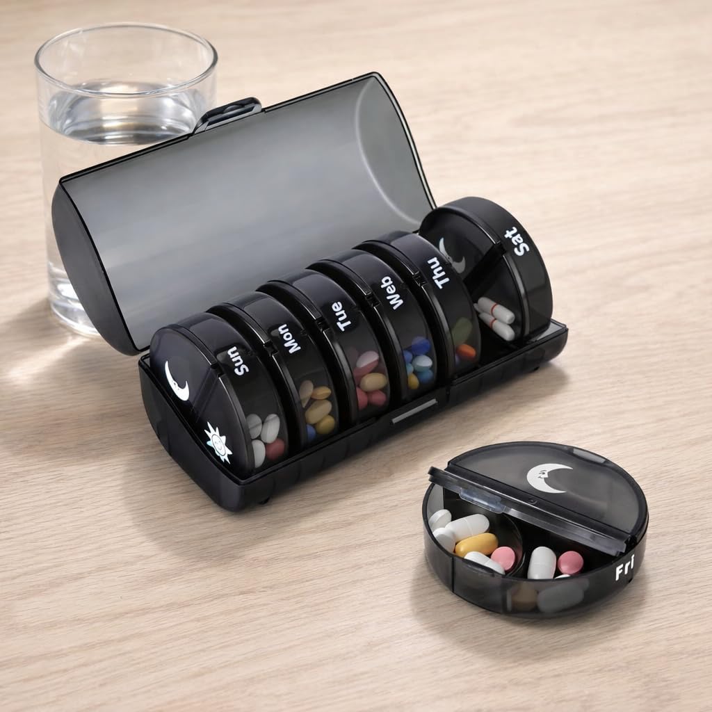 Sumiko Large Weekly Pill Medicine Organizer Box 4 Times A Day | One Week Daily Tablets Container | Weekly Pill Cases Portable for Pills Vitamin Fish Oil Supplements | For Travel & Gifts (Black)