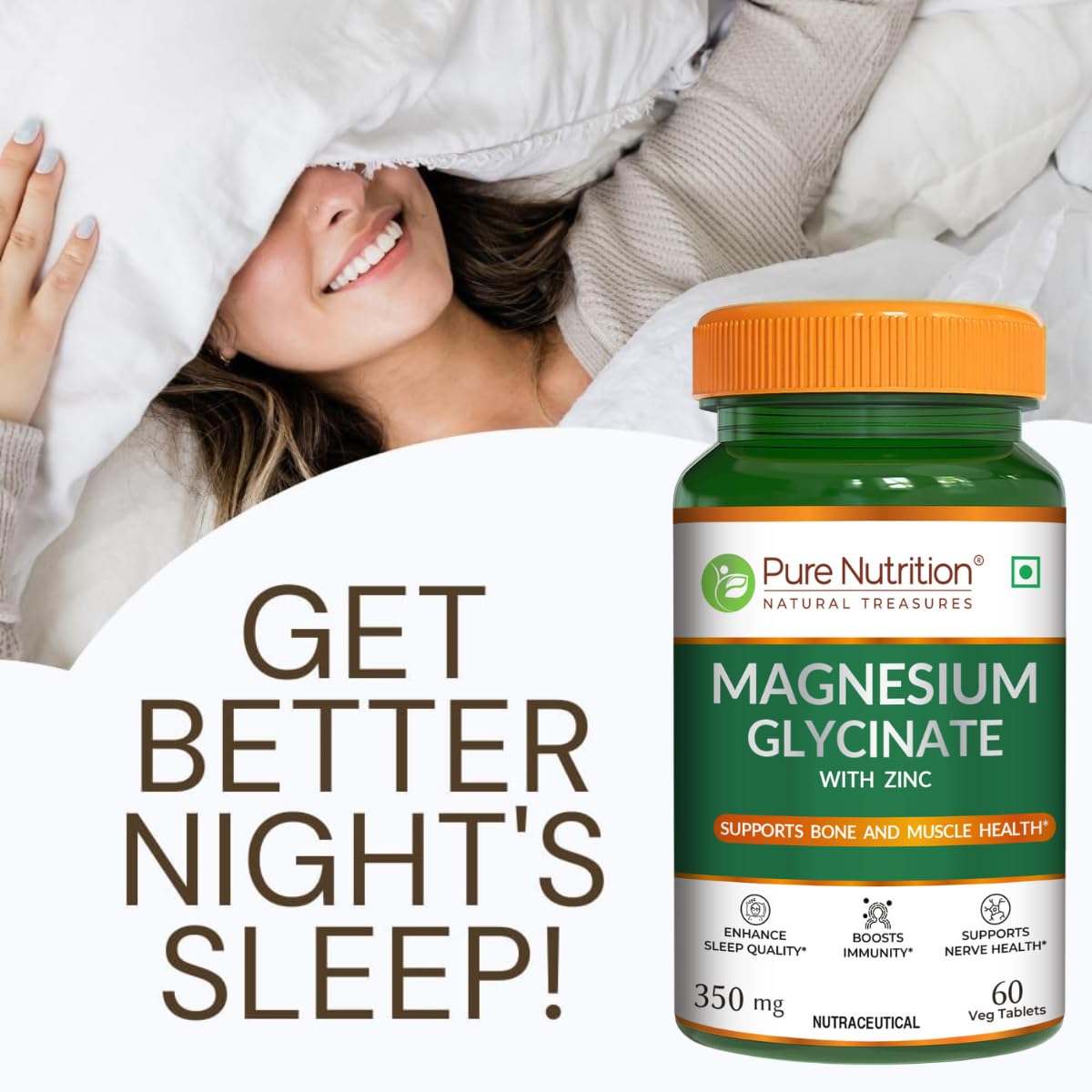 Pure Nutrition Magnesium Glycinate + Zinc - 60 Veg Tablets | Supports Bone, Muscle & Nerve Health | Promotes Relaxation & Quality Sleep | Eases Period Cramps | Enhances Stress Relief & Heart Health | Essential Daily Mineral Supplement