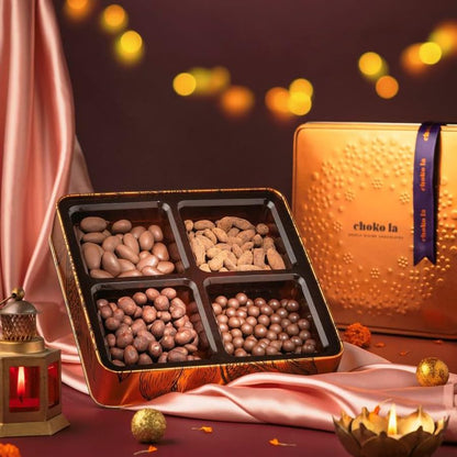 Chokola Cosmos Premium Chocolate Hamper 400g – Dark Chocolate Coated Almonds & Assorted Nuts Dragees | Chocolate Dryfruits Gift Box | Festive Chocolate Gift Box