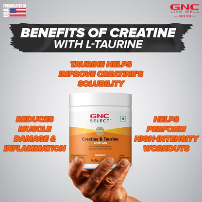 GNC Pure Micronized Creatine Monohydrate + Taurine | 250 gm | 83 Serving | Unflavoured | Instantized | Fuels Muscles | Increase Muscle Mass | Rapid Absorption | Faster Muscle Building| Lab Tested | Faster Muscle Recovery| Boost Performance | Imported