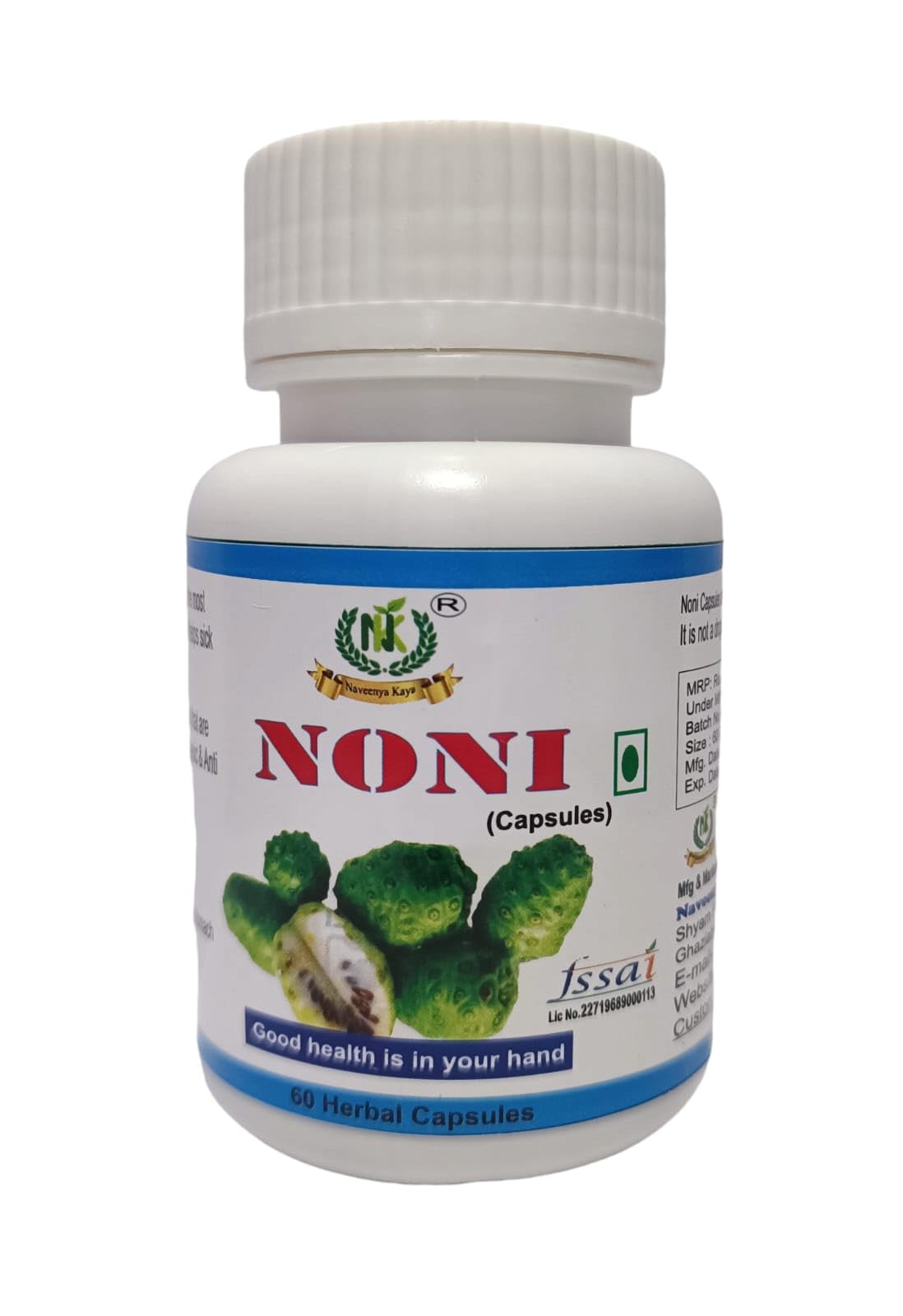 NAVEENYA KAYA HEALTHCARE Noni Capsule Herbal Supplement with Pure Noni Fruit Extract, Ocimum Tenuiflorum, Garcinia Indica, and Centella Asiatica