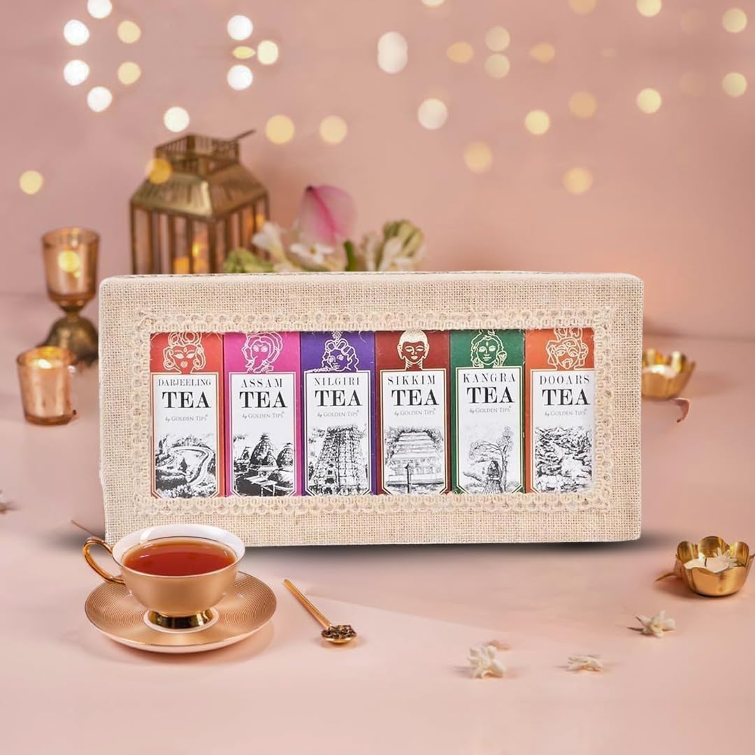 Golden Tips Finest Gift Box Loose Leaf Black Tea Darjeeling, Assam, Nilgiri, Sikkim, Kangra and Dooars, Gourmet Tea in Eco-Friendly Packaging, Gift for Festive Gifting, Birthdays, Valentine & Corporate Gift