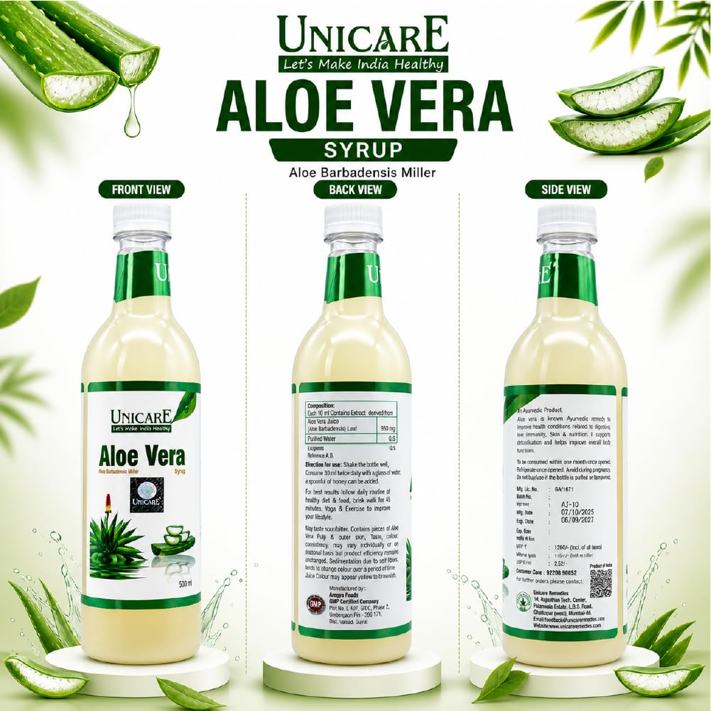 Unicare Aloe Vera Juice | Natural Detox Drink for Digestion & Liver Support | Boosts Immunity & Energy | Supports Skin & Hair Health | No Added Sugar, No Chemicals | 500ml (500 ml (Pack of 1))