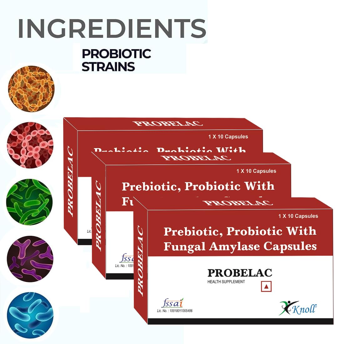 Knoll Healthcare Probelac Prebiotic Probiotic Capsules with Lactobacillus Acidophilus & Lactobacillus Rhamnosus | Fungal Amylase | Gut & Digestive Support | 30 Capsules (Pack of 3)