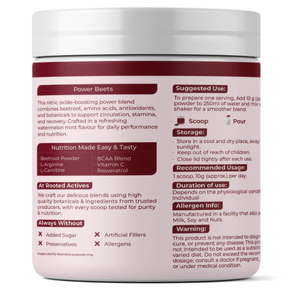 Rooted Actives Power Beets | Beetroot Powder with BCAAs, L-Arginine, L-Carnitine & Resveratrol | Watermelon Mint Flavour | Zero Added Sugar | 5-in-1 Superfoods Blend | 25 Servings | 250g | Powder