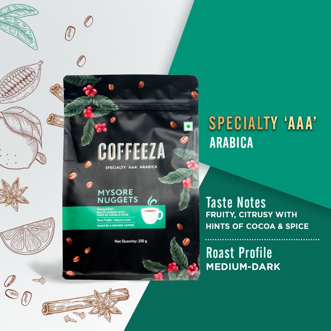 COFFEEZA Ground Coffee - Fine Grind - Mysore Nuggets Single Estate - 250g - Dark Roast 100% Arabica Ground Coffee Powder