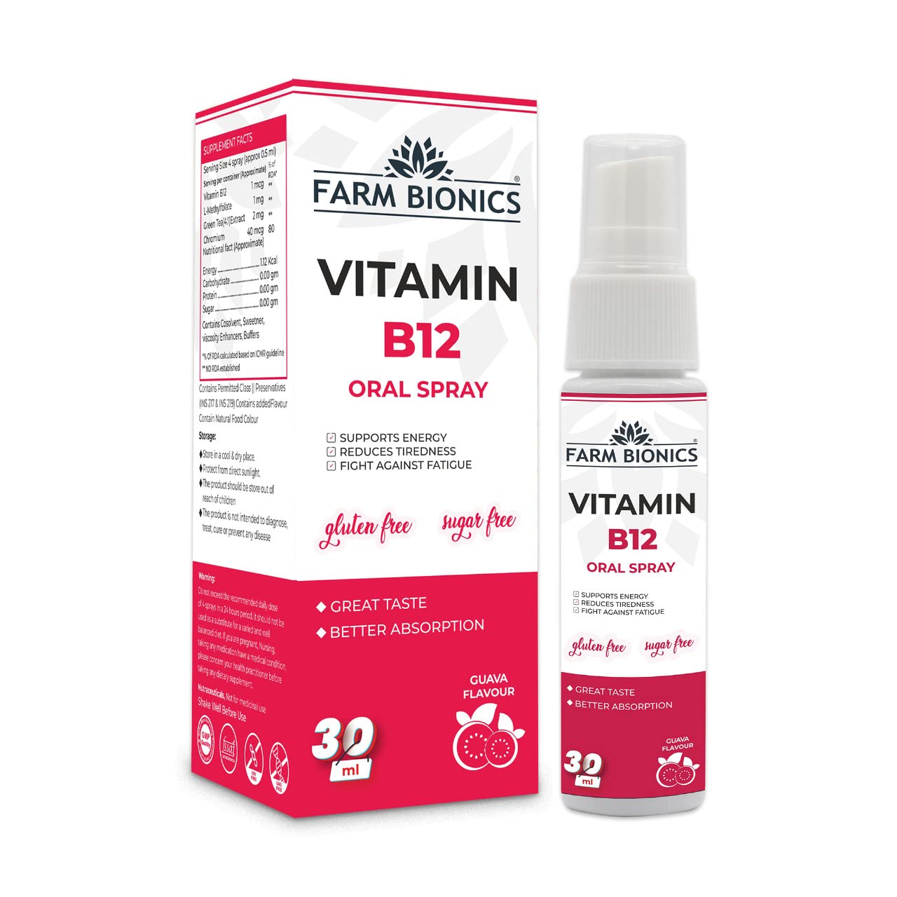 FARM BIONICS Combo of Guava Flavour Vitamin B12 and Water melon Flavour Vitamin B12 Oral Spray, 30ml | 100% Vegetarian | Sugar and Gluten Free | Immunity Booster Spray for Men and Women