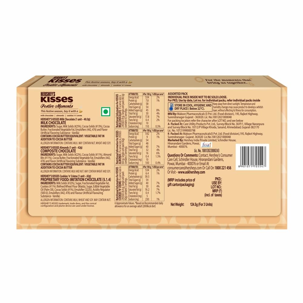 Hershey’s Kisses Diwali Chocolate Tin Gift Pack | Melt-in-Mouth Milk, Almond & Cookies n Crème Chocolates | Festive Gifting Box | 124.5gm