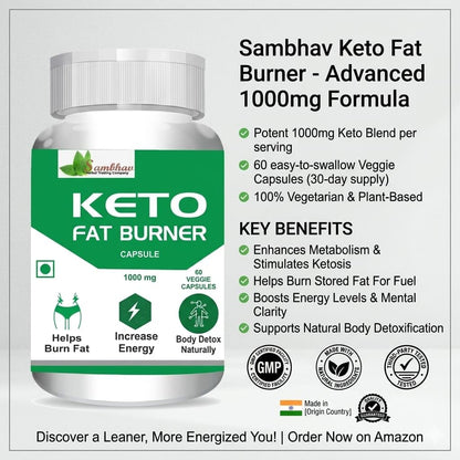 Sambhav Keto Fat Burner Capsules, 1000mg, Green Coffee Extract, Garcinia Cambogia, Green Tea Extract, Weight Management & Metabolism Support, 60 Capsules