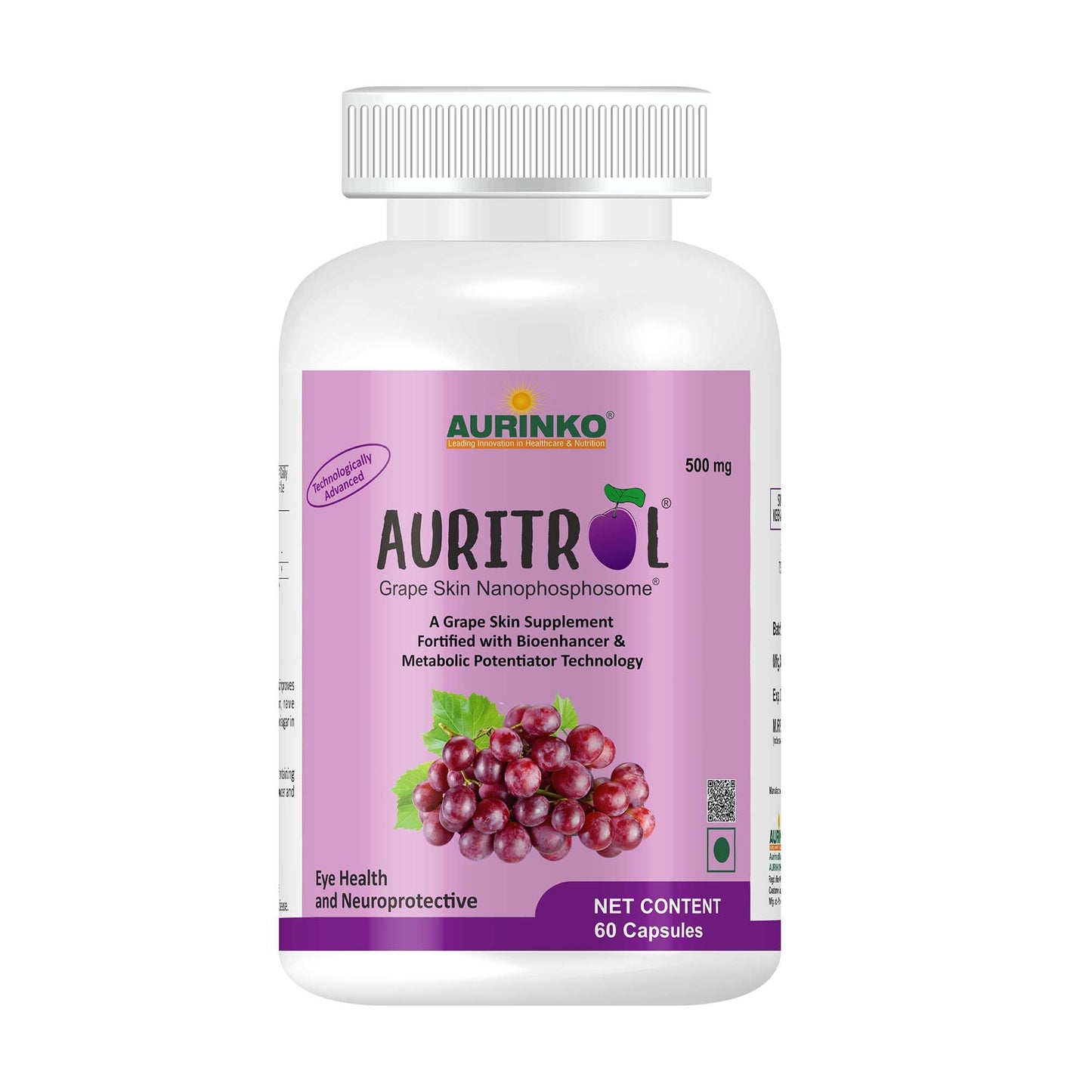 AURITROL Grape Skin Nanophosphosome 142 mg with Resveratrol 50 mg, fortified with Piperine by Aurinko Healthcare. 60 Capsules