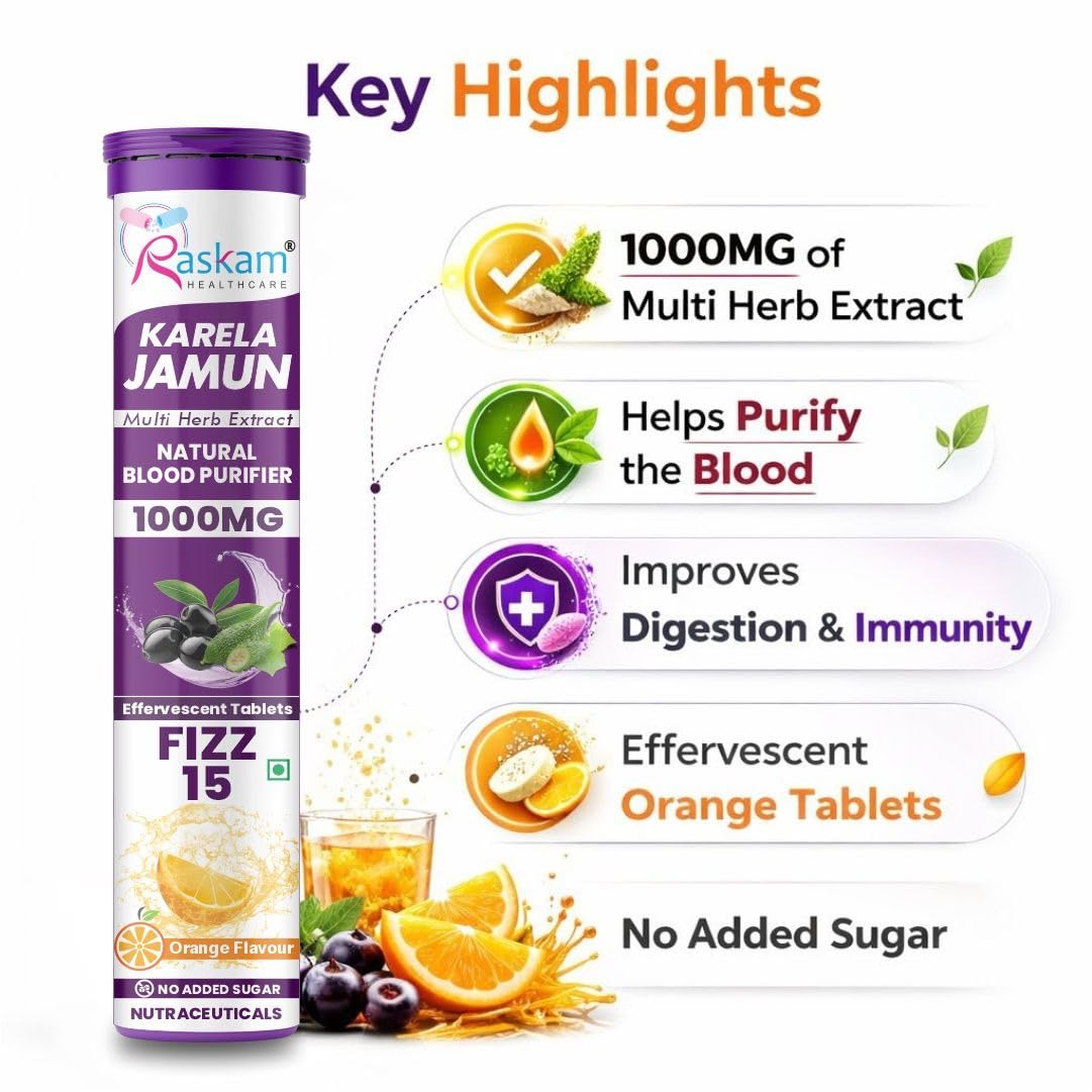 Raskam Karela Jamun Effervescent Tablets | Helps in High Sugar Condition|Promotes Healthy Glucose Levels | Boosts Digestive Health| Supports Daily Blood Sugar Management & Insulin Function| Orange Flavor, Pack of 4