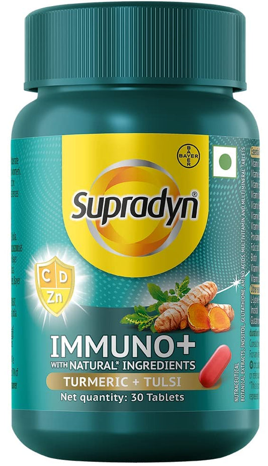 Supradyn Immuno +, Multivitamin, Natural immunity booster with Vit C, Vit D, Zinc, Unique blend of Tulsi, Turmeric, Shatavari & Ashoka (30 Tabs)