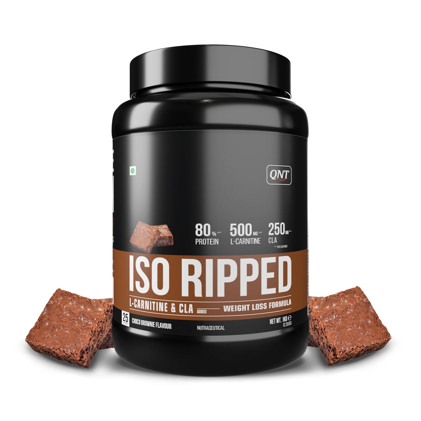 QNT ISO Ripped Whey Protein Isolate Powder | With L-Carnitine & CLA | 32g Pure Whey Isolate per Serving | Supports Lean Muscle Growth & Weight Loss | Choco Brownie Flavor, 1 Kg
