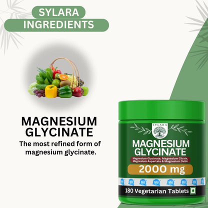 SYLARA Chelated Magnesium Glycinate 2000 mg - 180 Tablets/Capsules Supplement - 100% RDA (Magnesium Glycinate, Citrate, Aspartate Complex)