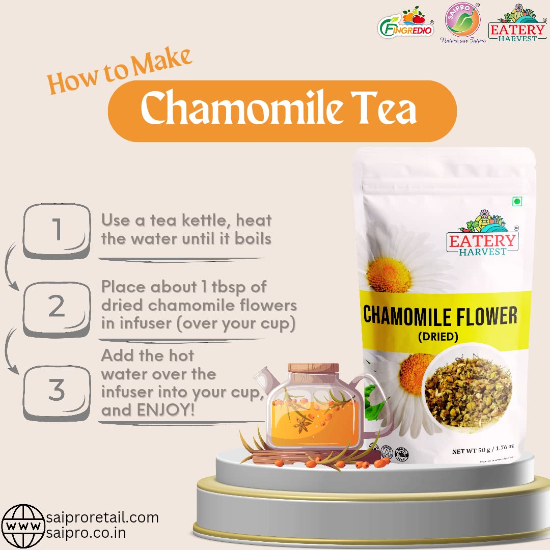 EATERY HARVEST Chamomile Flower Tea - 50g | Pure Chamomile Buds for Sleep, Stress Relief. Caffeine-Free, Calming Tisane. Great for Iced/Hot Tea