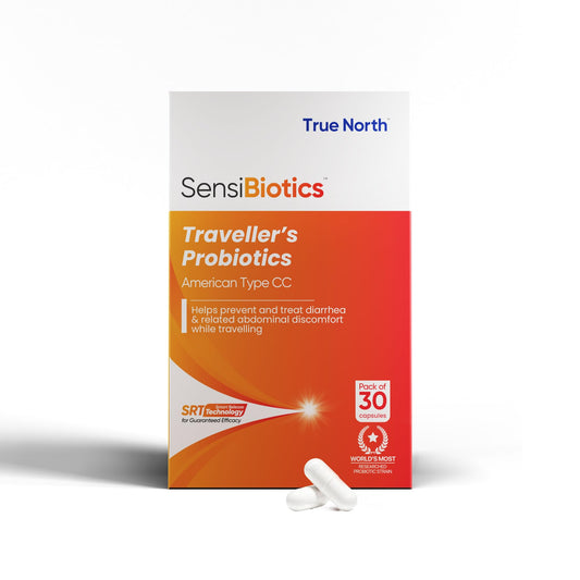 TrueNorth SensiBiotics Traveller’s Probiotics | 11 Billion CFU + 50mg FOS Prebiotics | LGG + Saccharomyces Boulardii | Travel Diarrhoea & Sensitive Gut | Smart Release Technology | 30 Veg Capsules