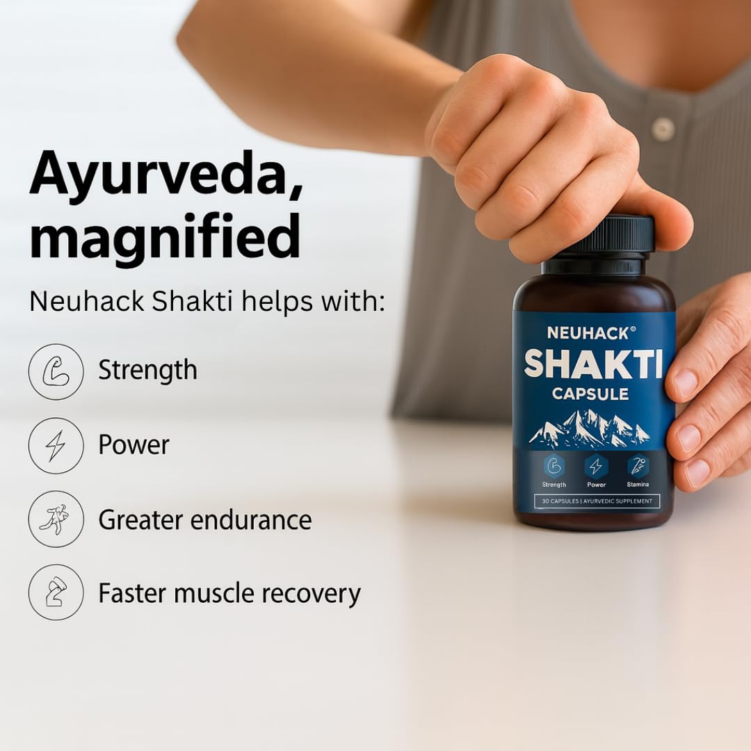 Neuhack Shakti Supplement for Strength, Stamina, Vigor | Ayurvedic Capsules with Shilajit, Ashwagandha, kaunch beej, vidarikand | 30 caps