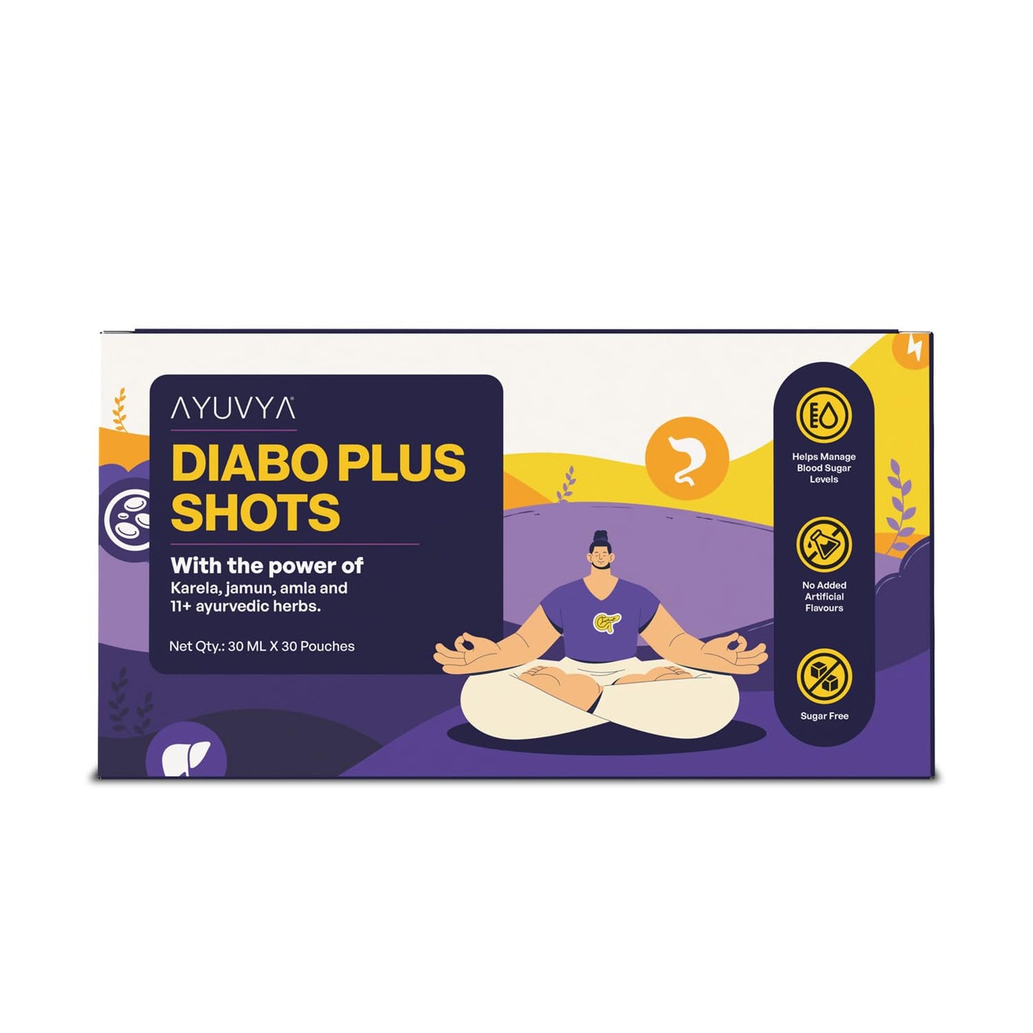 Ayuvya Diabo Plus Shots | For Type 2 Diabetes & PreDiabetes | Helps Manage Healthy Sugar Levels | Packed With Powerful Ayurvedic Ingredients Jamun, Karela, Neem & 10+ Ayurvedic Herbs | No Added Sugar| Pack of 1 Month