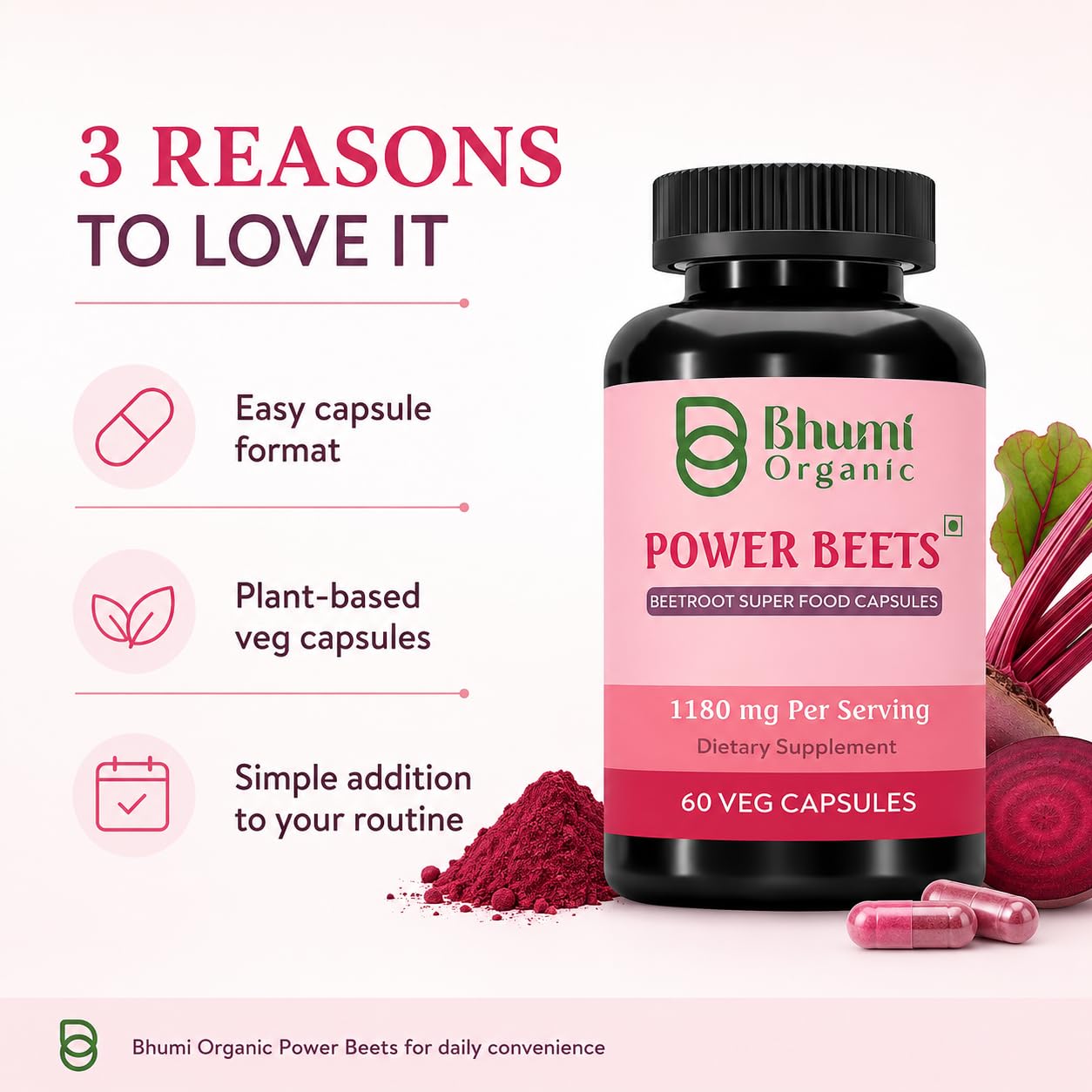 Bhumi Organic Power Beets Supplement 1180mg 60 Veg Capsules