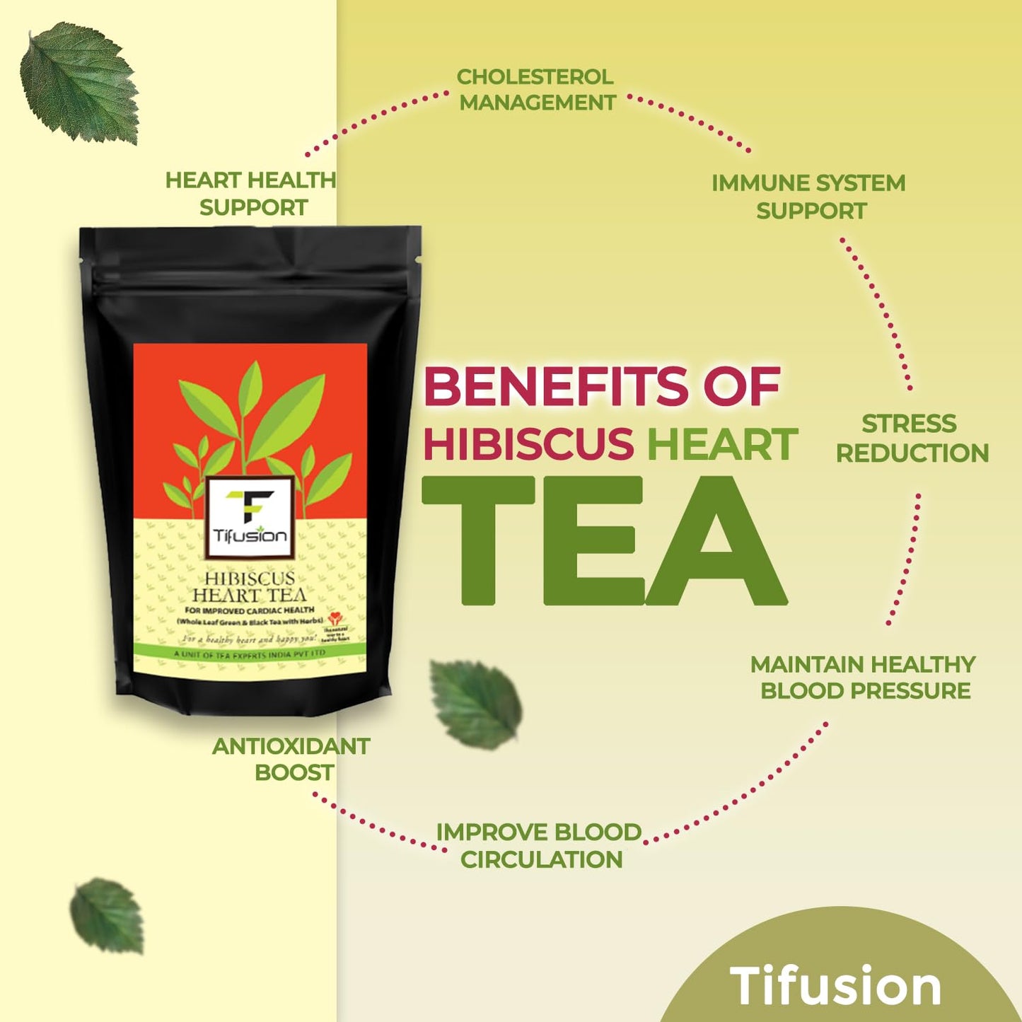 Tifusion Hibiscus Tea with Arjun Bark, Hawthorne Hibiscus Ashwagandha Rooibos Natural Whole Loose leaf Tea for Healthy Heart and Helps in Improving Immune System (50gm)