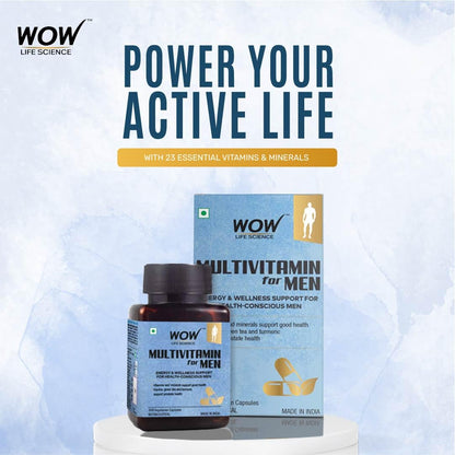 WOW Life Science Multivitamin for Men - with Glycine, Green Tea, Turmeric, Vitamins - 60 Veg Capsules (1C)