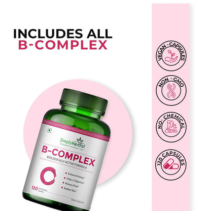 Simply Herbal Vitamin B Complex Capsules with RDA for B12 Supplement for Hair Growth Metabolism & Support Healthy Brain Function (120 Capsules)