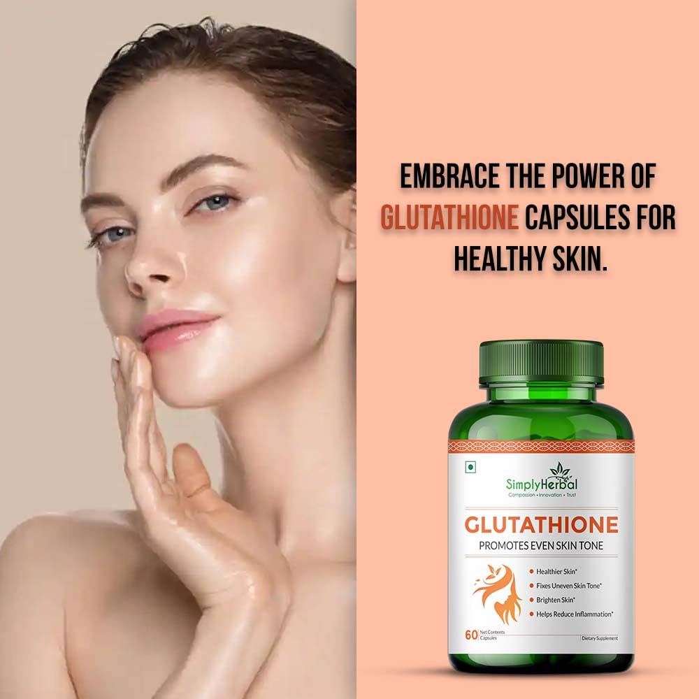 Simply Herbal L Glutathione 1000mg Capsules With Vitamin C & E for Immune Support, Healthy Radiant Skin Glowing, Antioxidant Support, Grape Seed Extract & Biotin - 60 Veg Capsules