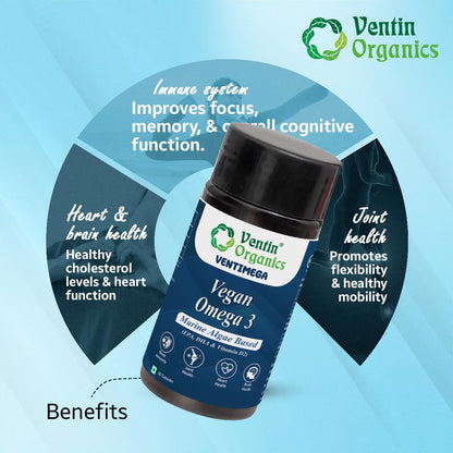 Ventin Organics Ventimega Vegan Omega 3 | 30N | Marine Algae Extract with EPA & DHA | Enhanced with Vitamin D2 | Supports Muscles & Joints, Heart & Brain Health | For Both Men & Women