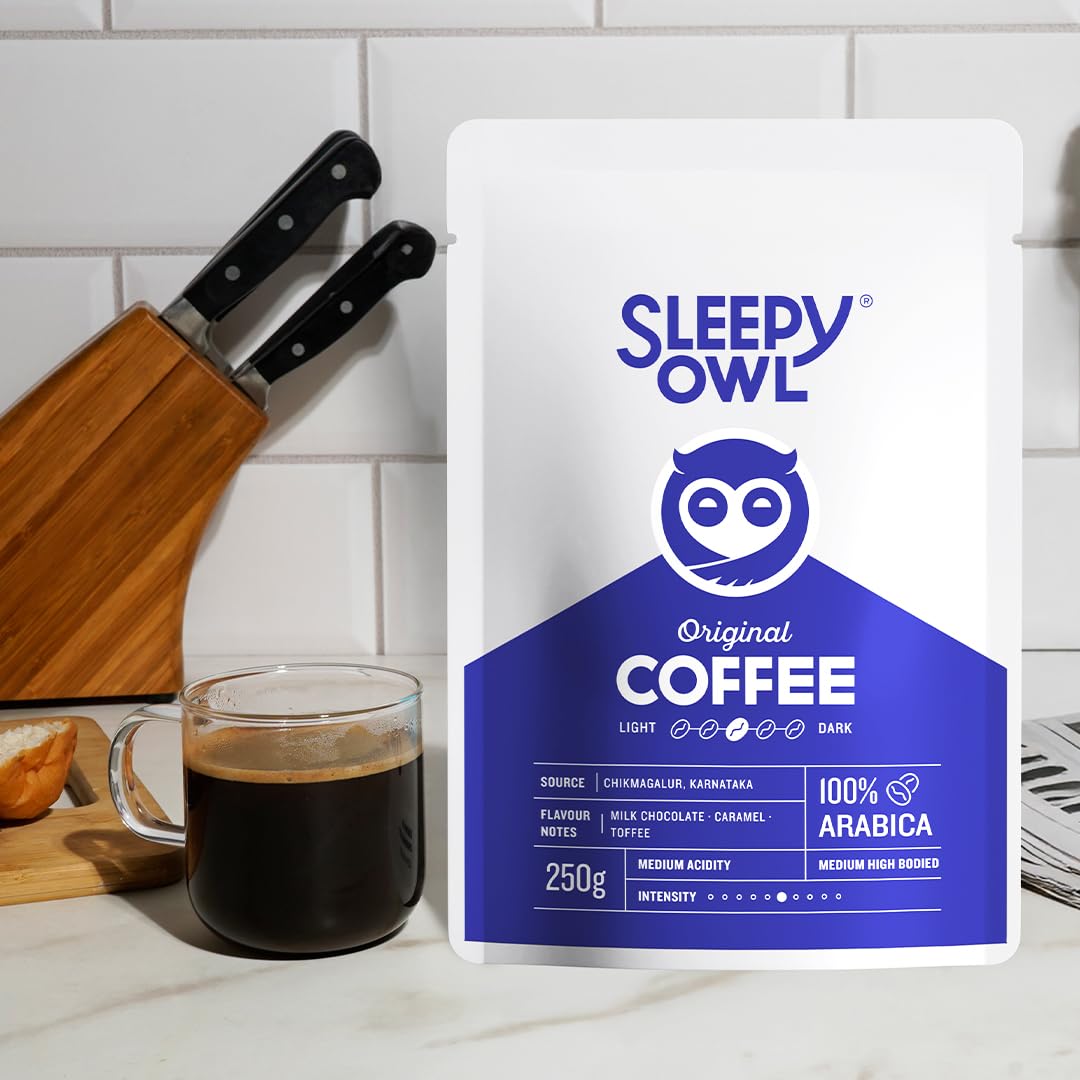 Sleepy Owl Ground Coffee for French Press | 100% Arabica Beans | Medium Roast - Original Flavour | Coarse Grind for Fresh Hot & Cold Brew | Premium Roasters | 250 gm | Chikmagalur Origin